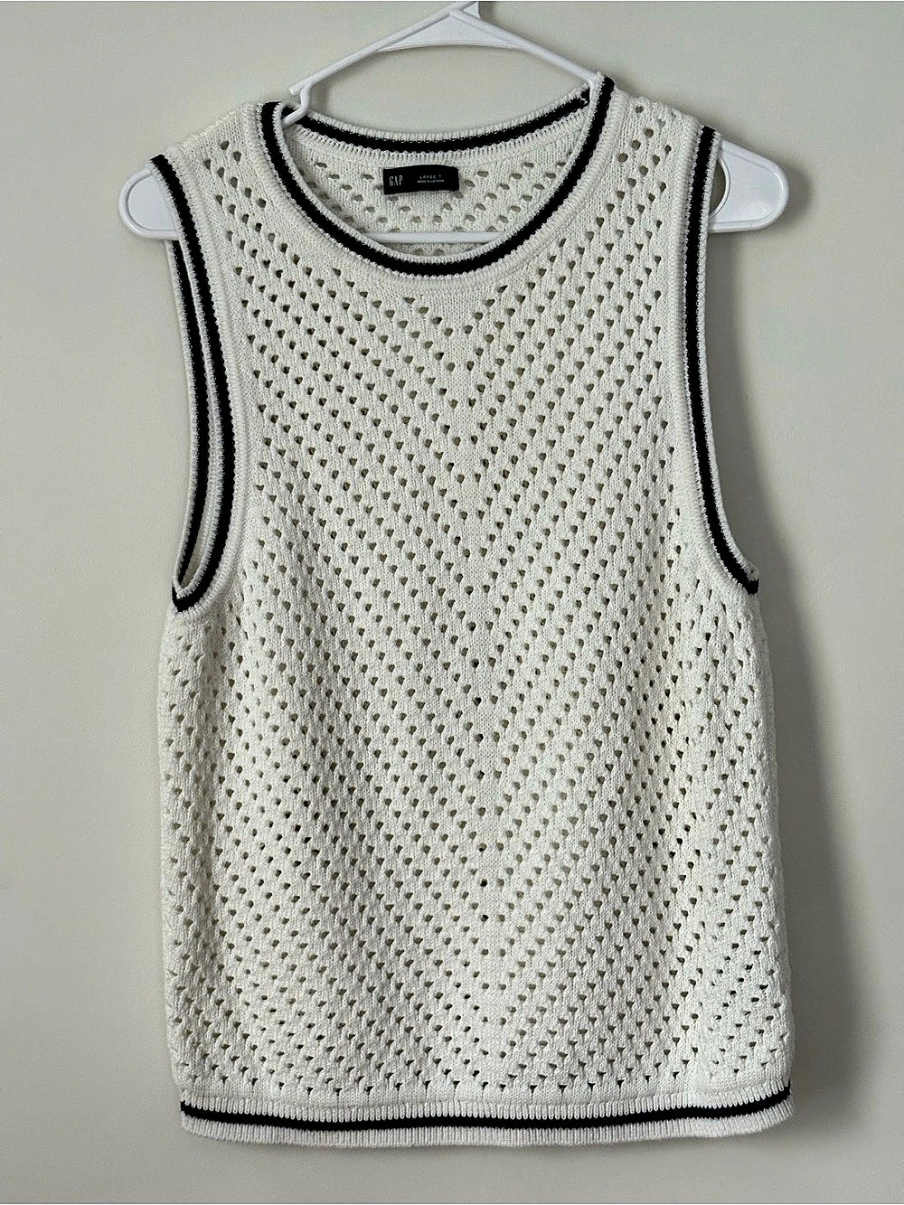 Gap Crochet Tank Top L Tall Off White Black Trim Cotton Sleeveless 411474